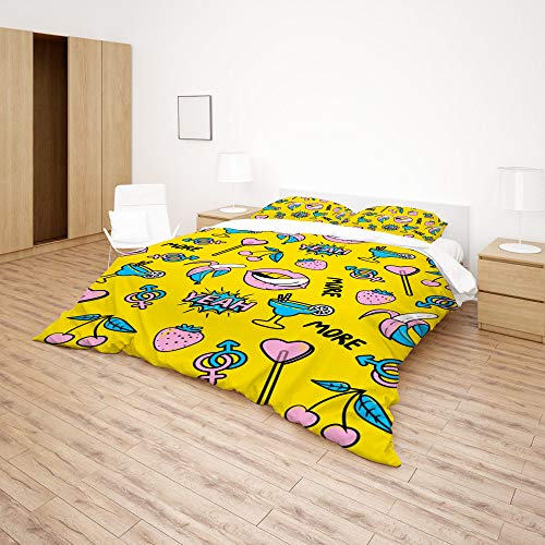 Housse de couette anti-plis en polyester durable et taie d'oreiller jaune