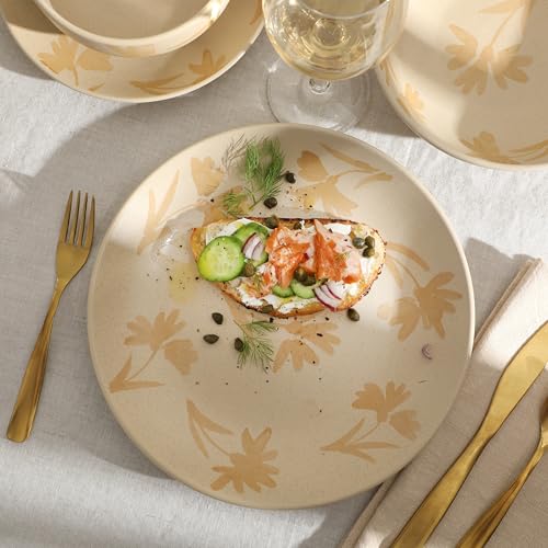 Image of Gibson Home Admiral Hall Plates and Bowls Set, 16-Piece Floral Dinnerware Set, Cream Stoneware Dish Set, Dinner Plates, Salad Plates, Pasta Bowls & Cereal Bowls