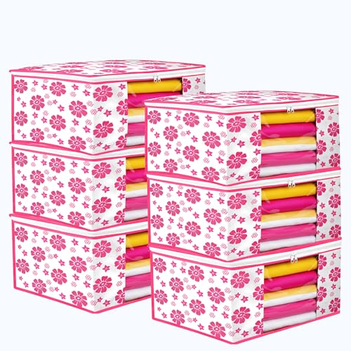 Image of Flower Printed Saree Covers for Cloth Storage & Wardrobe | Transparent Window, Zipper Closure | Pink-White | Pack of 6 | Dustproof Breathable Storage Bag for Travel & Home Use