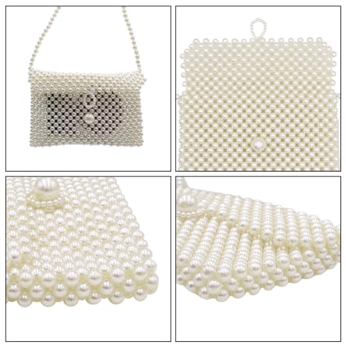 Image of Women's White Beaded Pearl Handbag - Vintage Clutch Wristlet Mini Evening Bag for Party (Big)
