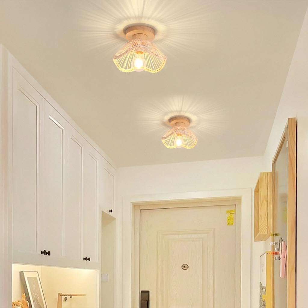 Lot de 2 Plafonniers en Bambou Tressée Lampe de Plafond Vintage E27 Éclairage Luminaire en Rotin Bois Lustre Suspension Déco pour Salon Chambre Couloir Cuisine