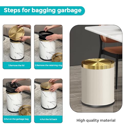 Image of 4 Gallon Bathroom Trash Can with Swing Lid, Large Gold White Garbage Can, Fancy, Big Leather Waste Basket, for Girls Bedroom Kitchen Powder Room (15L White)