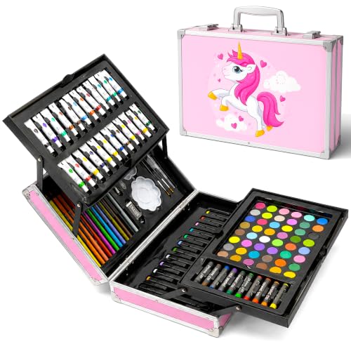 VGRASSP 100+ Pcs Unicorn Theme Drawing and Painting Kit Toy for Kids, Boys, Girls - Portable School Stationery