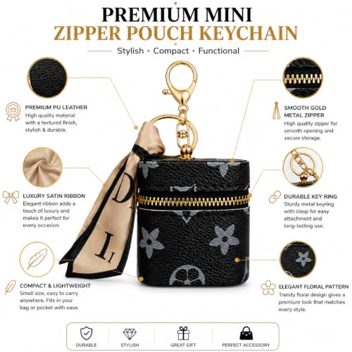 Image of Mini Zip Storage Pouch Keychain for Women | PU Leather Small Organizer for Coins, Earbuds, Lip Balm & Keys | Portable Bag Charm (Black)