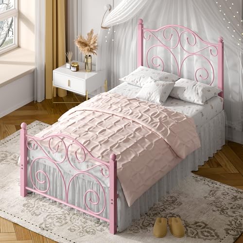 Image of VECELO Twin Size Bed Frame with Headboard and Footboard, Heavy Duty Metal Slat Support, Platform Mattress Foundation, No Box Spring Needed, Easy Assembly, Pink