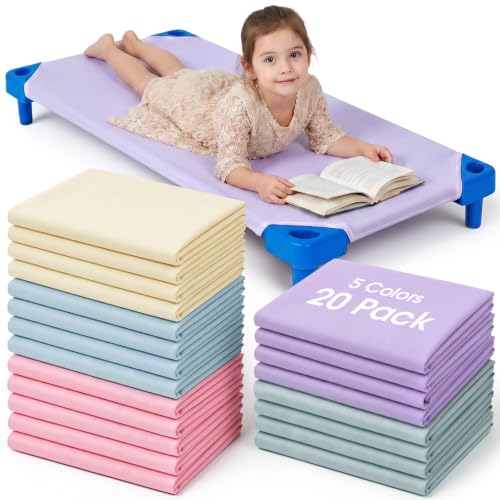 Image of Macarrie 20 Pack Cot Sheets for Daycare Standard Size 23 inch x 51 inch Toddler Cot Sheets, Soft Breathable Preschool Nap Sheet Polyester Cotton Daycare Essentials for Boys Girls Naptime Sleeping (Macaron)
