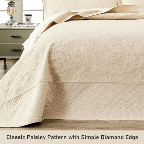 Image of Qucover Oversized King Bedspreads 128x120, Soft Microfiber Ultrasonic Quilting Paisley Pattern California King Quilt Sets Oversized, 3 Piece Oversized Coverlet Bedding, Beige
