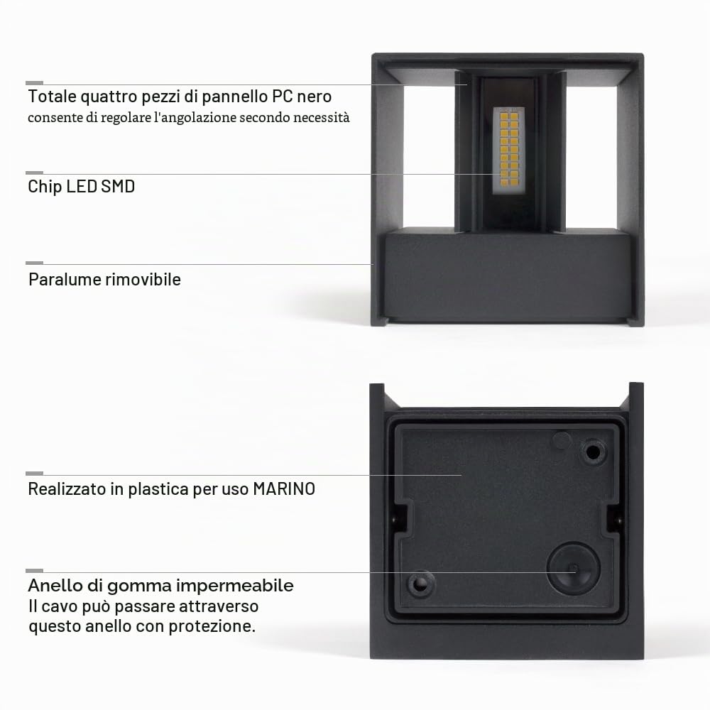 DAWALIGHT Lampada da Parete Su Giù Applique LED Cubo Regolabile 12W 925LM 3000K Lampada Muro Quadrata IP65 Impermeabile Moderne Alluminio Applique Esterno per Giardino Corridoio, Nero