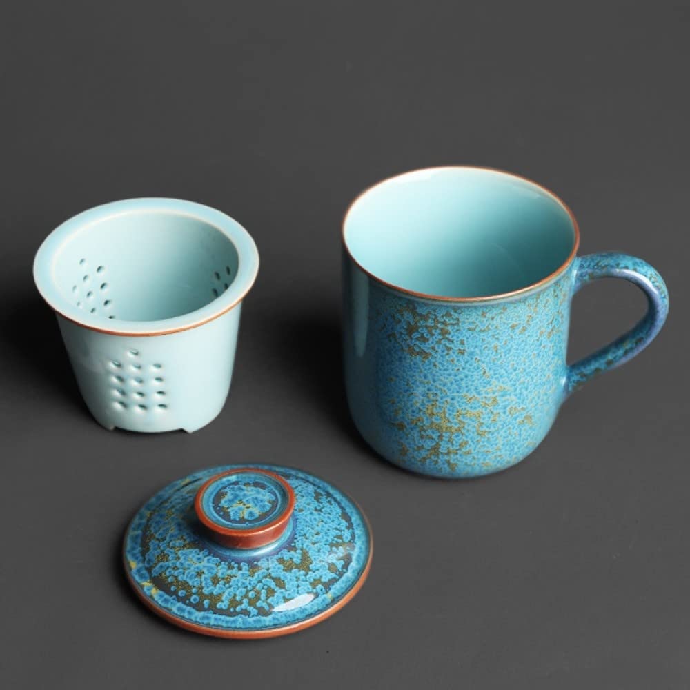 Tasse à Thé en Céramique avec Infuseur, Couvercle et Poignée - Porcelaine Émaillée Bleu Jade Faite à la Main en Chine