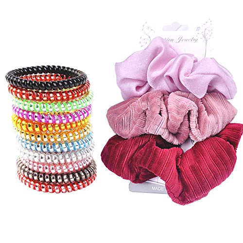 24HOCL 14 Pcs Hair Scrunchies Set 3 Pcs Hair Scrunchies 11 Colorful Spiral Hair Ties No Crease Phone Cord Hair Ties for Women Girls Hair Accessories Thanksgiving Christmas (Style B)
