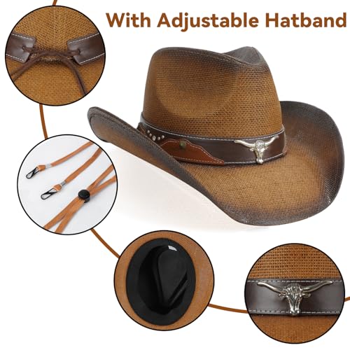 Image of WQWOVRVO Cowboy Hat,Cowgirl Hat,Western Cowboy Hats for Women /Mens /Straw Wide with Shapeable Brim Cowboy Hat for Womens