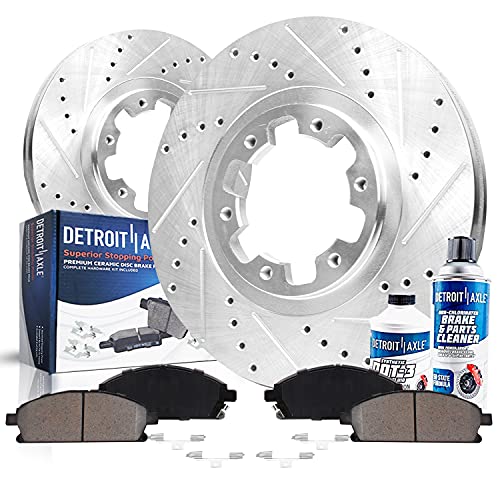 Image of Detroit Axle - Front Brake Kit for 1998-2004 Nissan Pathfinder Infiniti QX4 Drilled & Slotted Disc Brakes Rotors Ceramic Brake Pads Replacement 1999 2000 2001 2002 2003