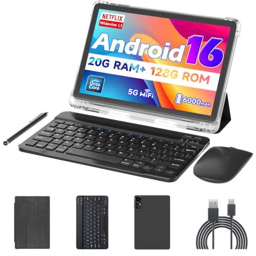 Image of Android 16 10 inch Tablets, 20GB RAM 128GB ROM 2TB Expandable, 2GHz Octa-core Processor, 2 in 1 Tablet with Stylus Mouse Keyboard Case, 5G WiFi6, BT 5.0, 6000mAh, Widevine L1, GMS