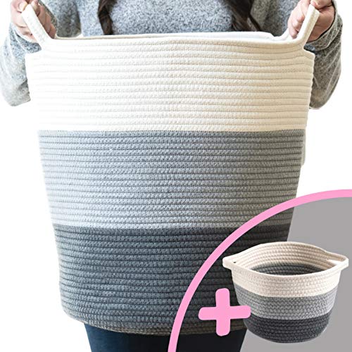 Little Hippo 2pc Large Cotton Rope Basket (18"x16") 100% Natural Cotton! Rope Basket, Woven Storage Basket, Large Basket, Blanket Basket Living Room, Toy Basket, Pillow Basket, Gray