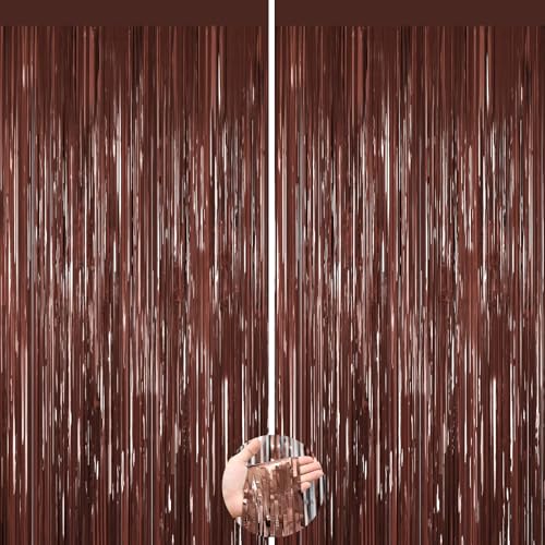Image of Coffee Brown Metallic Tinsel Backdrop Foil Fringe Curtains 2Packs Door Streamers Backdrop for Birthday Door Decorations, Party Supplies for Bachelorette, Graduation, Christmas Disco Groovy Decors