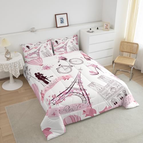 Image of Paris Eiffel Tower Bedding Set for Girls Kids Couple Lover Romantic French Comforter Trip Design Comforter Set Pink White Room Decor Famous Cityscape Duvet Set Twin Size Bedspreads Coverlet Sets Boys
