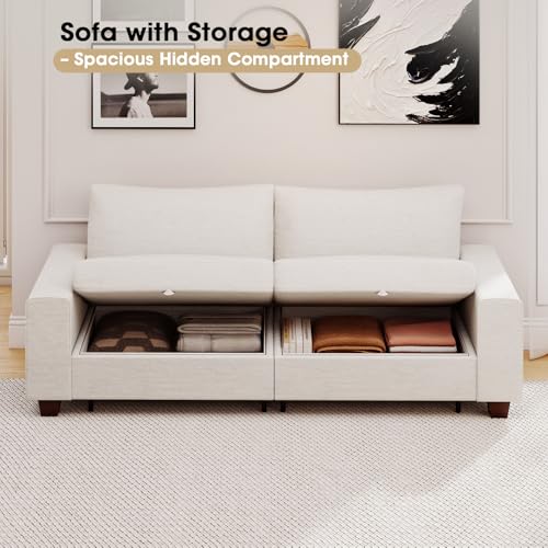 Image of Couchus 88 inch Upholstered Sofa Couch with Seats Storage, Chenille Fabric Sofa for Living Room, Office, Apart W /Deep Seat, Wide Arms, Side Pockets,Removable Cover (Beige)