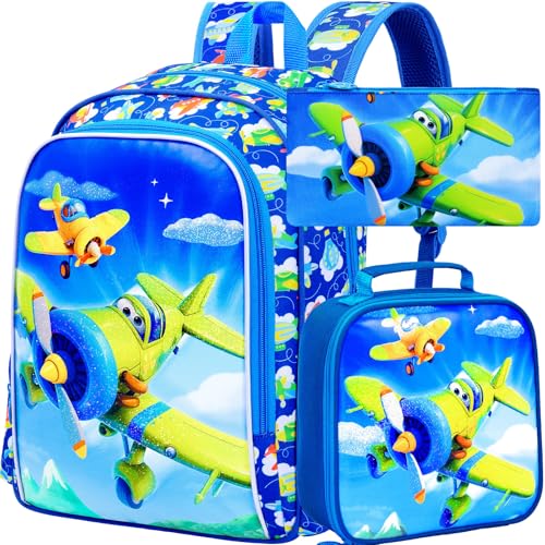 KLFVB 3PCS Boys Airplane Bookbag, Water Resistant Kids Backpack with Lunch Box, 16' Preschool Backpacks for Elementary - Airplane Green
