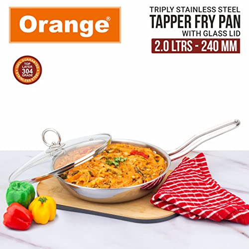Image of Orange Triply Stainless Steel Fry Pan with Riveted Cast Long Handle with Glass Lid | 2 Litre Capacity, 24cm Diameter | Heavy Bottom | Gas top and Induction Friendly | Silver | 5 Year Warranty