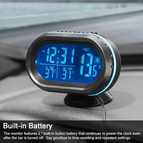 Shkalacar 3in1 Autothermometer Digitaluhr Voltmeter mit LCD Digitalmonitor, 12V Temperatur und Spannungsmesser, Erkennungsanzeige für Auto LKW SUV Wohnmobil, Grün und Orange