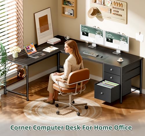 Image of Furologee 63 inch L Shaped Desk with Power Outlets & USB-C Port, Reversible Corner Computer Desk with 3 Fabric Drawers, Hooks, Large Home Office Desk for Gaming, Writing, Work, Black