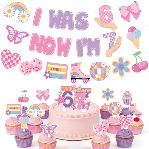 READIGO 6 7 Birthday Party Decorations Set I Was 6 Now Im 7 Banner with Funny 6 7 Meme Cupcake Toppers Sweet Retro Style Birthday Party Supplies for Dessert Table Decor