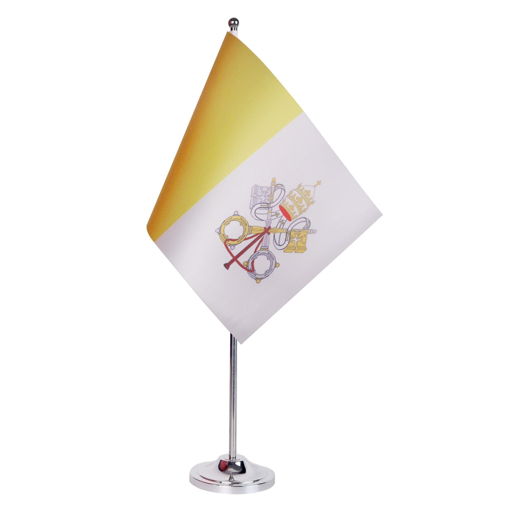 AZ FLAG Drapeau de Table Vatican 22x15 cm Drapeau Vatican Satin Socle Métal | Usage intérieur Drapeau de bureau Città del Vaticano finition cousue et bords renforcés avec mât et socle métallique