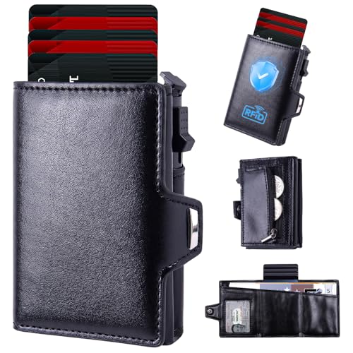 ZAHRVIA Cartera Hombre Slim con Monedero, Tarjetero Hombre con Protección RFID, Cartera Tarjetero Hombre Automático para 8 Tarjetas, Billeteras para Hombre con Compartimento para Billetes (Negro)