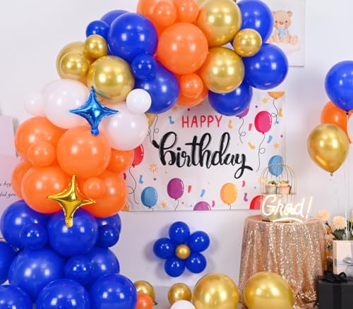 Image of Blue and Orange Balloon Arch, Royal Blue White Balloon Garland Party Decor | Metallic Gold Balloons with Star Foil Balloon for Birthday Graduation Baby Shower Baseball Wedding Party Decorations