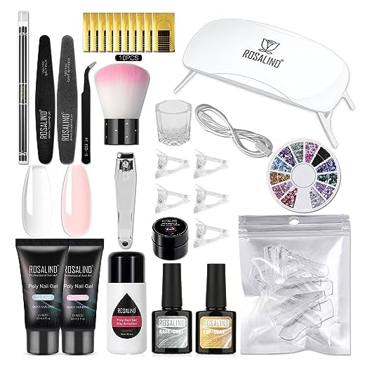 ROSALIND Gel Unghie Ricostruzione Kit, Rosa Trasparente Poly Nails Estensione Unghie Gel con Lampada UV LED, Top Base Coat 2 * 30ml Acrilico Estensione Unghie Gel Set per Manicure da Salone