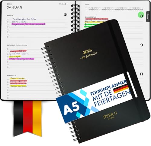 Terminplaner 2026 A5 Kalender 2026 Buchkalender Wochenplaner für Termine & Organisation Planer Minimalist Praktischer Terminkalender Jan - Dez 2026 mit Deutschen Feiertagen - Klimafreundlich