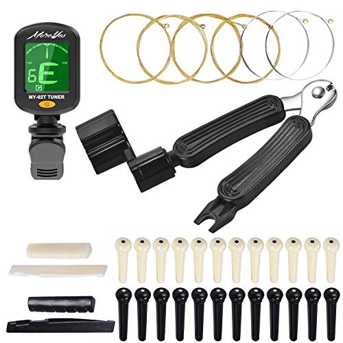 MOREYES Acoustic Guitar Strings Tuner Bridge Pins Guitar Saddle Nut and Pin Puller Strings Winder Stings Clipper 3 in 1 Tool (Ivory & Black)