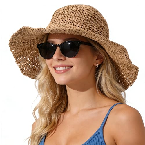 Women's Sun Hat – Wide Brim Straw Hat, Hand-Crocheted Beach Hat, Foldable & Lightweight Floppy Hat for Summer Vacation, Travel & Outdoor Protection