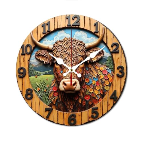 花咲く牛の置時計 田園風景 掛け時計 北欧 壁掛 木製 10in/12in 軽量 部屋飾り 人気 ギフト静音 非電波 読みやすい リビングルーム 寝室 オフィス 25*25cm