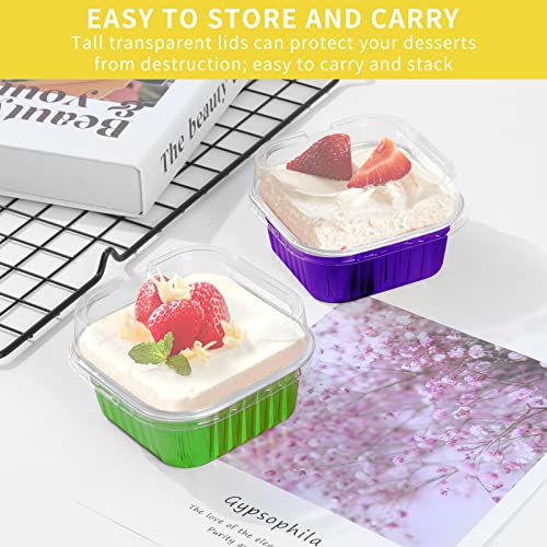 Mini Square Baking Cups,Heyyumi 50Pcs 5Oz Aluminum Foil Mini Cake Pans With Lids,Disposable Ramekins Muffin Tins Cupcake Liners,Individual Dessert Containers Flans For Party Bakery(5 Colors E) #TOP5
