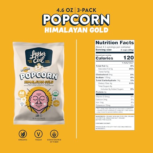 Image of LesserEvil Himalayan Gold Organic Popcorn, Premium Quality, Minimally Processed, No Vegetable Oil, 4.6 Oz (Pack of 3)