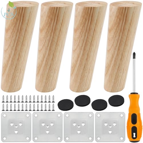 ELICNA 4pcs Patas de Madera para MMuebles,Patas para Muebles Madera Inclinadas Cónica con Placa de Montaje Patas de Madera Patas para Sofas Patas Armario Patas de Madera para Mesa
