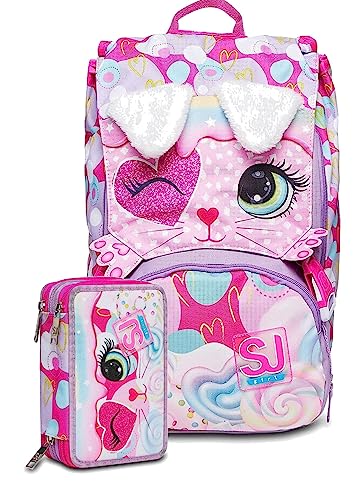 SCHOOL PACK ZAINO SJ GANG GIRL GATTO HEART LOLLY ESTENSIBILE FUCSIA + ASTUCCIO 3 ZIP