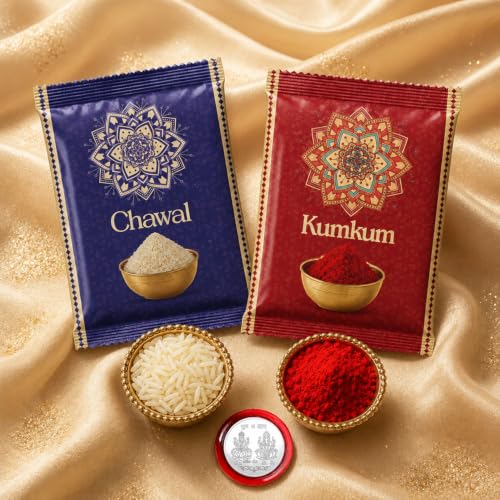 Image of Periapt Rakhi with Pooja Thali for Brother - Golden Color Round Shape & Ganesha Design Rakhi with Silver Color Coin, Greeting Card, Pooja Thali & Tilak Set - Tradtional Raksha Bandhan Combo Pack
