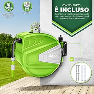 tillvex Avvolgitubo 30+2m | da Parete e tubo da giardino | Girevole di 180° | Scatola con Riavvolgimento Automatico con Sistema di Blocco