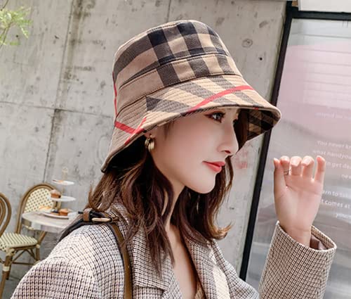 Ruinuo Plaid Bucket Hat Women Soft Sun Hat For Spring Summer Autumn Winter Travel Velvet Tartan Packable Bucket Hats Kaki #TOP2