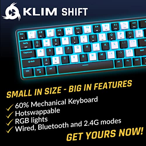Klim Shift Wireless Mechanical Keyboard 60% - New 2023 - Hotswap Rgb Extra 69 Keycap Set - Backlit Keyboard Mini Wireless 2.4Ghz & Bluetooth 60% Percent Gaming Keyboard - Pc Gamer Win/Mac #TOP1