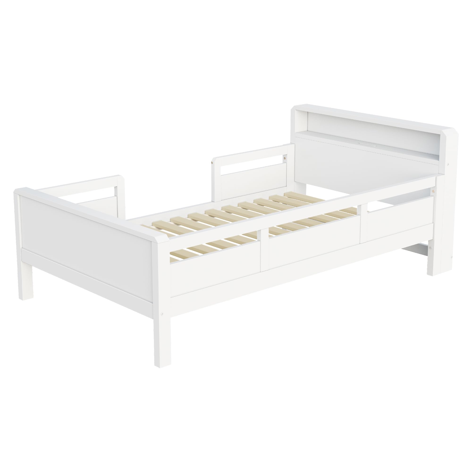 LED Bett 90x200 cm Kinderbett mit Rausfallschutz und Stauraum-Kopfteil, Kinder Bett Einzelbett mit USB-Type-C-Kombi-Steckdose, Holzbett Bettrahmen mit Lattenrost, Weiß, Ohne Matratze