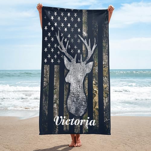 CUXWEOT Custom Microfiber Beach Towel Mat with Name Personalzied American Flag Camo Deer Quick Dry Absorbent Bath Towels Blanket Tapestry for Travel Swim Yoga Boys Girls Women Men