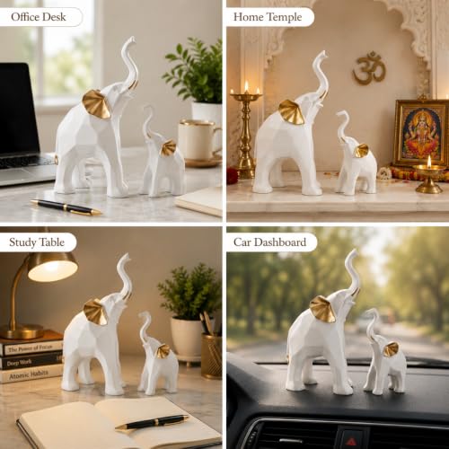 Image of Shri Balaji Caft White Resin Decorative Elephant Figurines Set of 2 | 20 cm Geometric Standing Elephant Showpieces for Home Decor | Housewarming Gift