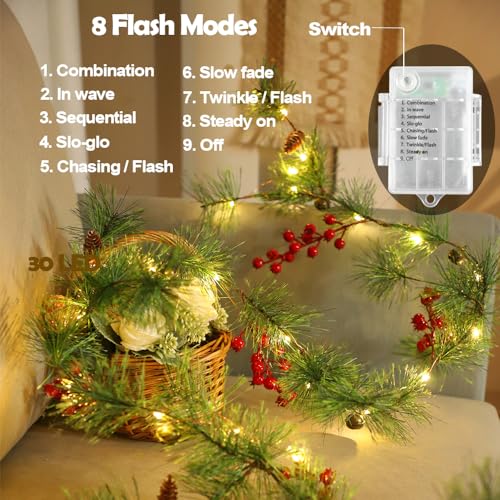 Smokey-Pine-Garland-with-30-LED-Fairy-Lights-Battery-Operated-Red-Berries-Bells-Pine-Cones-656-FT-Christmas-Lights-for-Indoor-Home-Decorations Smokey Pine Garland with 30 LED Fairy Lights Battery Operated Red Berries Bells Pine Cones 656 FT Christmas Lights for Indoor Home Decorations