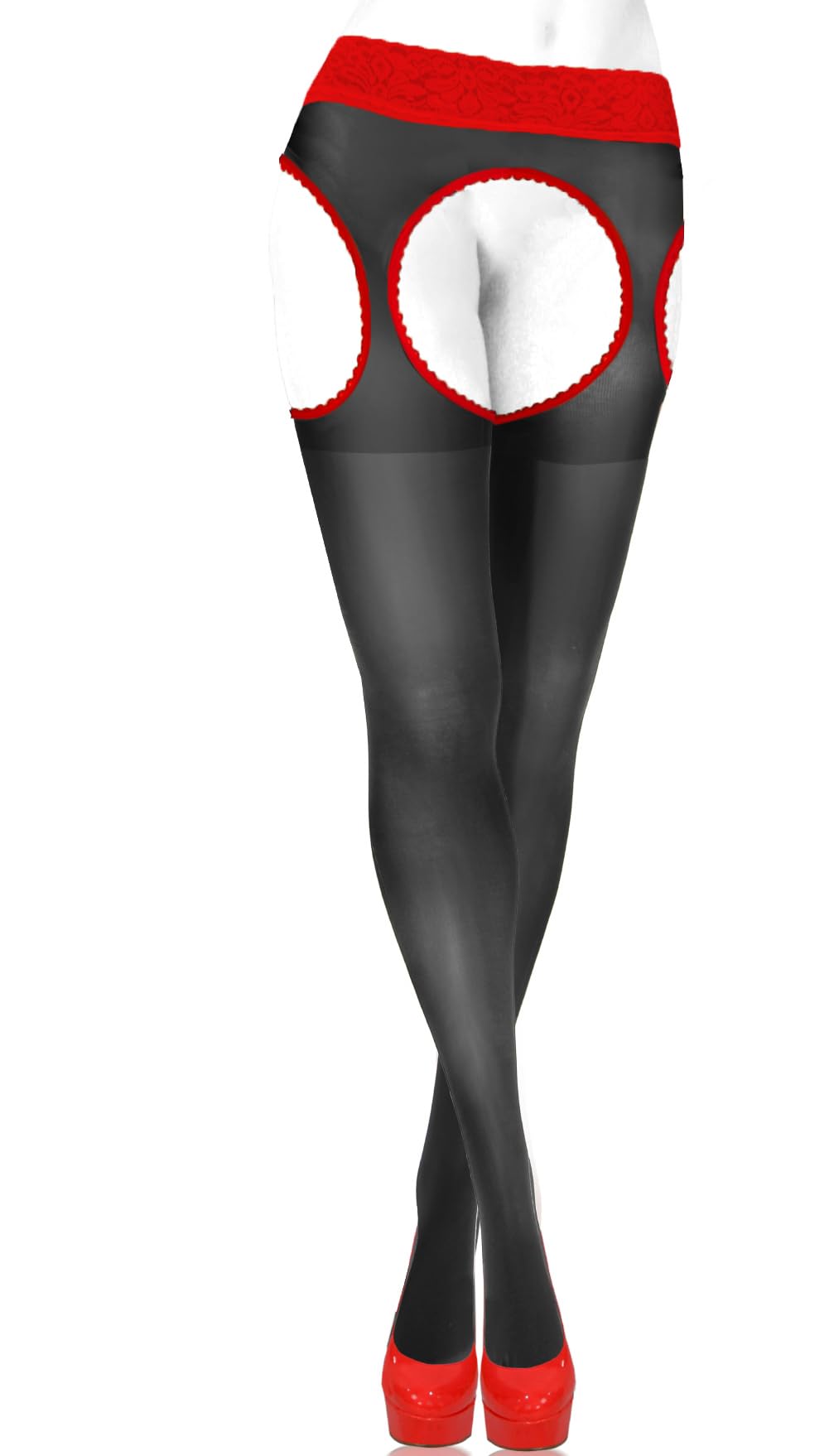 Sesto Senso Sexy Suspender Stockings 15 Den Strip Panty Lace Garter Belt Mock Tights 4 L Black+Red