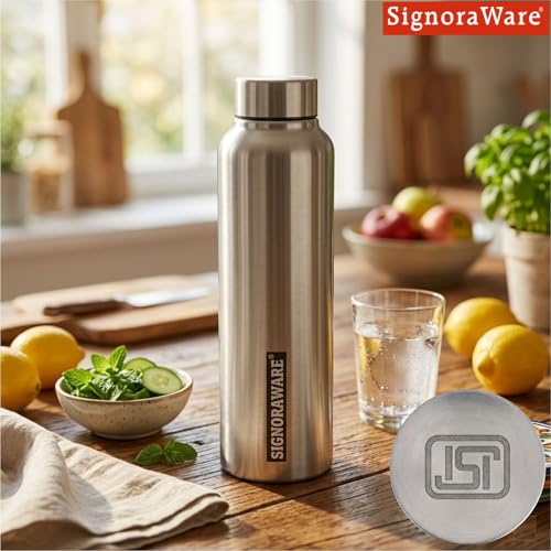 Image of SignoraWare Aqua Single Walled ISI Certified Stainless Steel Bottle With Matte Finish | Airtight & Leakproof | Compact Design | Ideal for School, Home, Office, Yoga, Gym Or Outdoors ( 750ml | Steel )