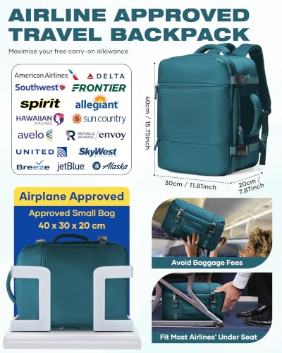 Image of suradar Travel Backpack for Women Men, Carry On Backpack Flight Approved Personal Item Travel Bag Laptop Backpack Waterproof Weekender Essentials Hiking Rucksack Casual Daypack Peacock Blue