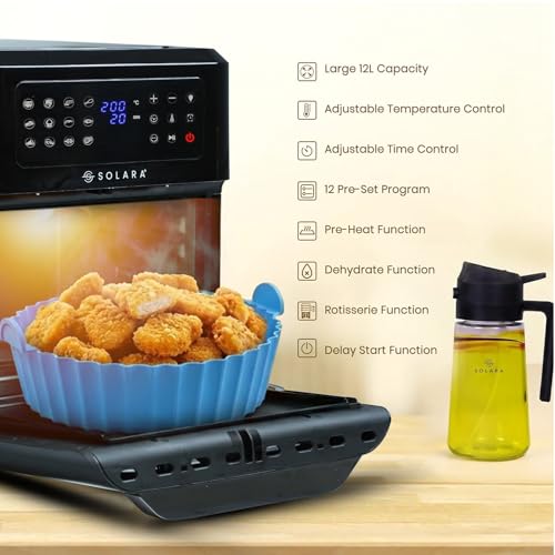 Image of SOLARA 12L Air Fryer Oven Signature Combo with 9 Accessories, 500ml 2-in-1 Glass Oil Sprayer & 6 Reusable Silicone Basket Liners with Cover Bag, 12 Preset Menus, BPA-Free, Air Fryer Accessories